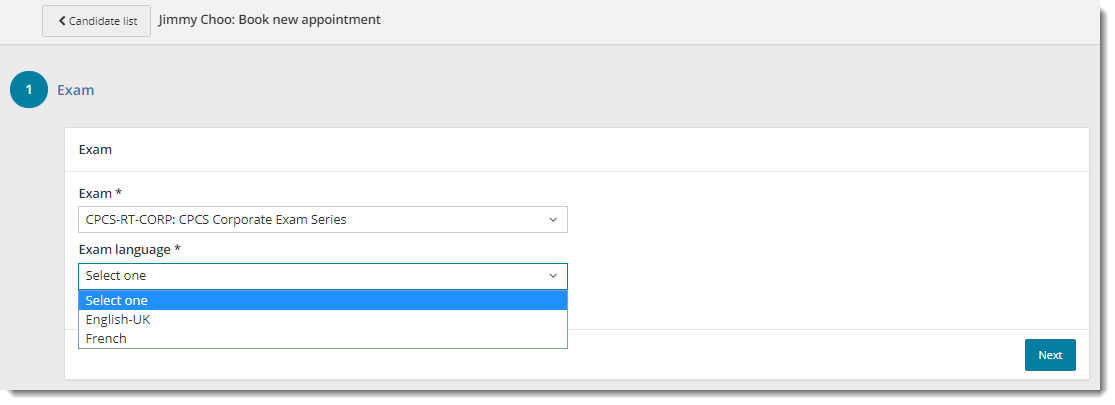 Select the desired exam language from a list.